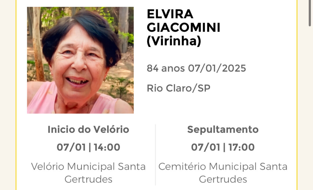 Falecimentos desta terça-feira 07/01/2025 - Grupo Rio Claro SP