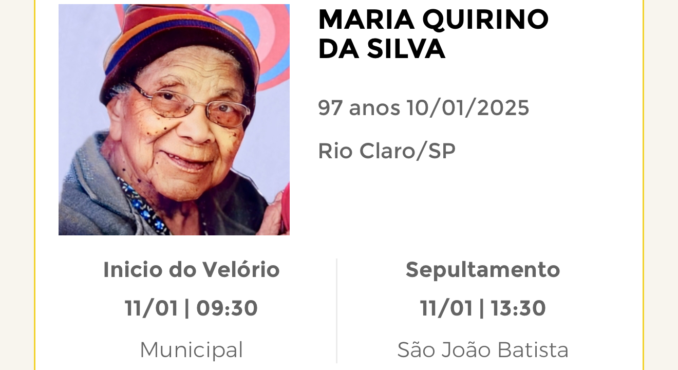 Falecimentos desta sexta-feira 10/01/2025 - Grupo Rio Claro SP
