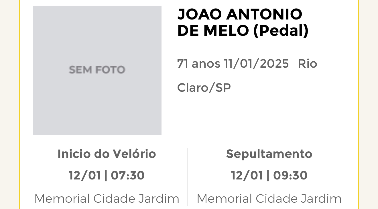 Falecimentos deste domingo 12/01/2025 - Grupo Rio Claro SP