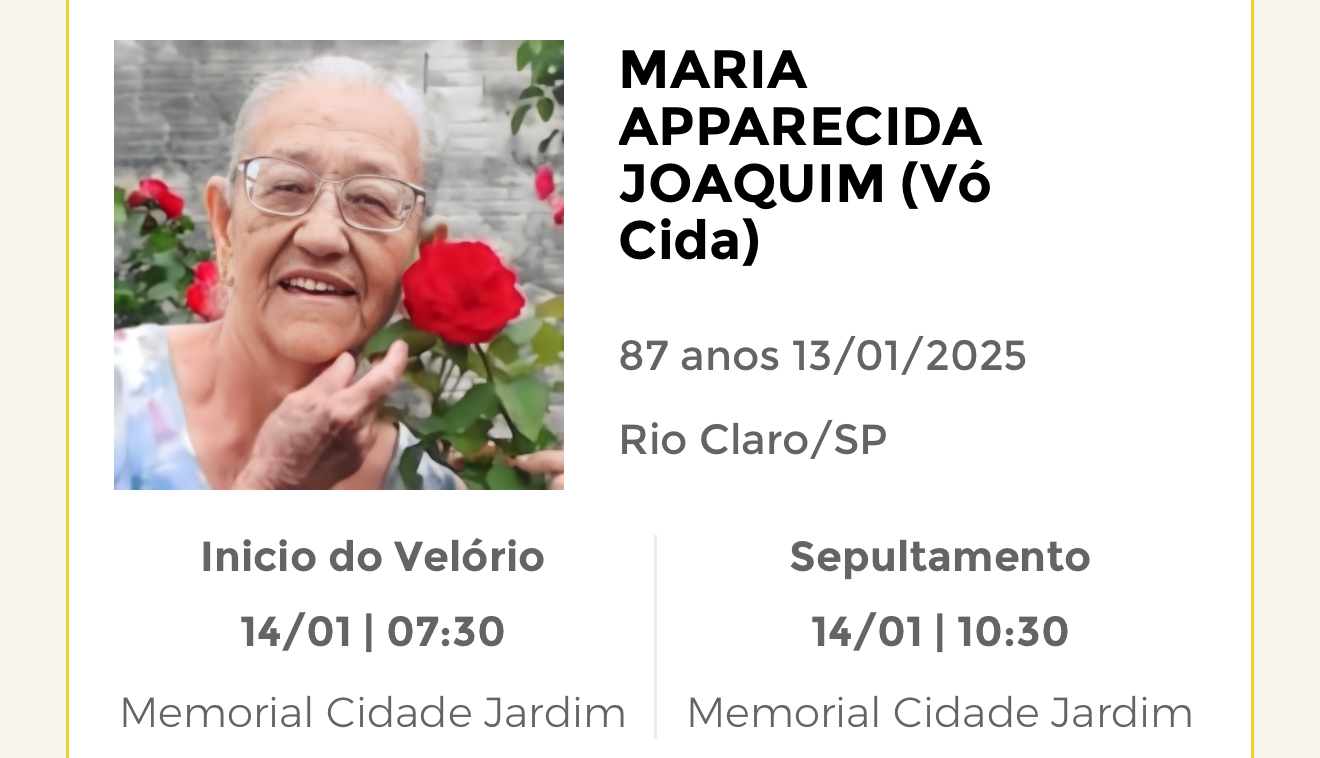 Falecimentos desta segunda-feira 13/01/2025 - Grupo Rio Claro SP