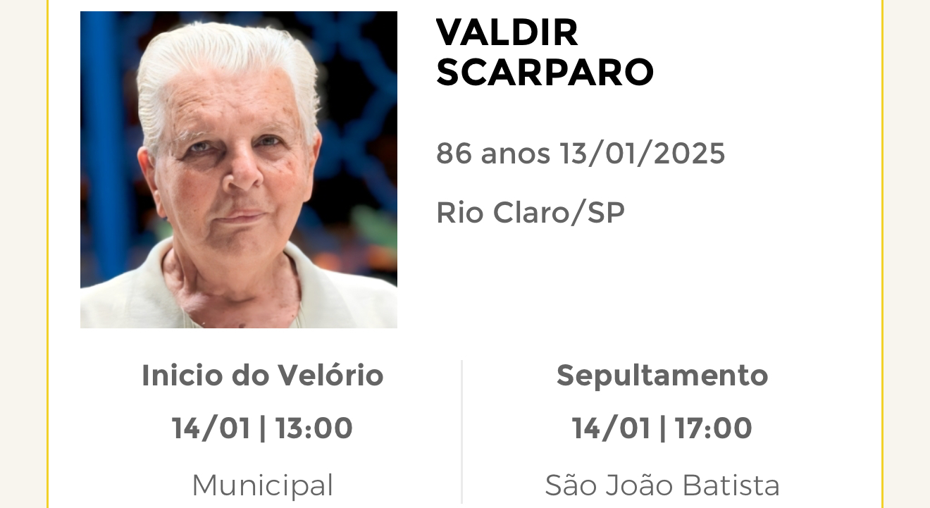 Falecimentos desta segunda-feira 13/01/2025 - Grupo Rio Claro SP