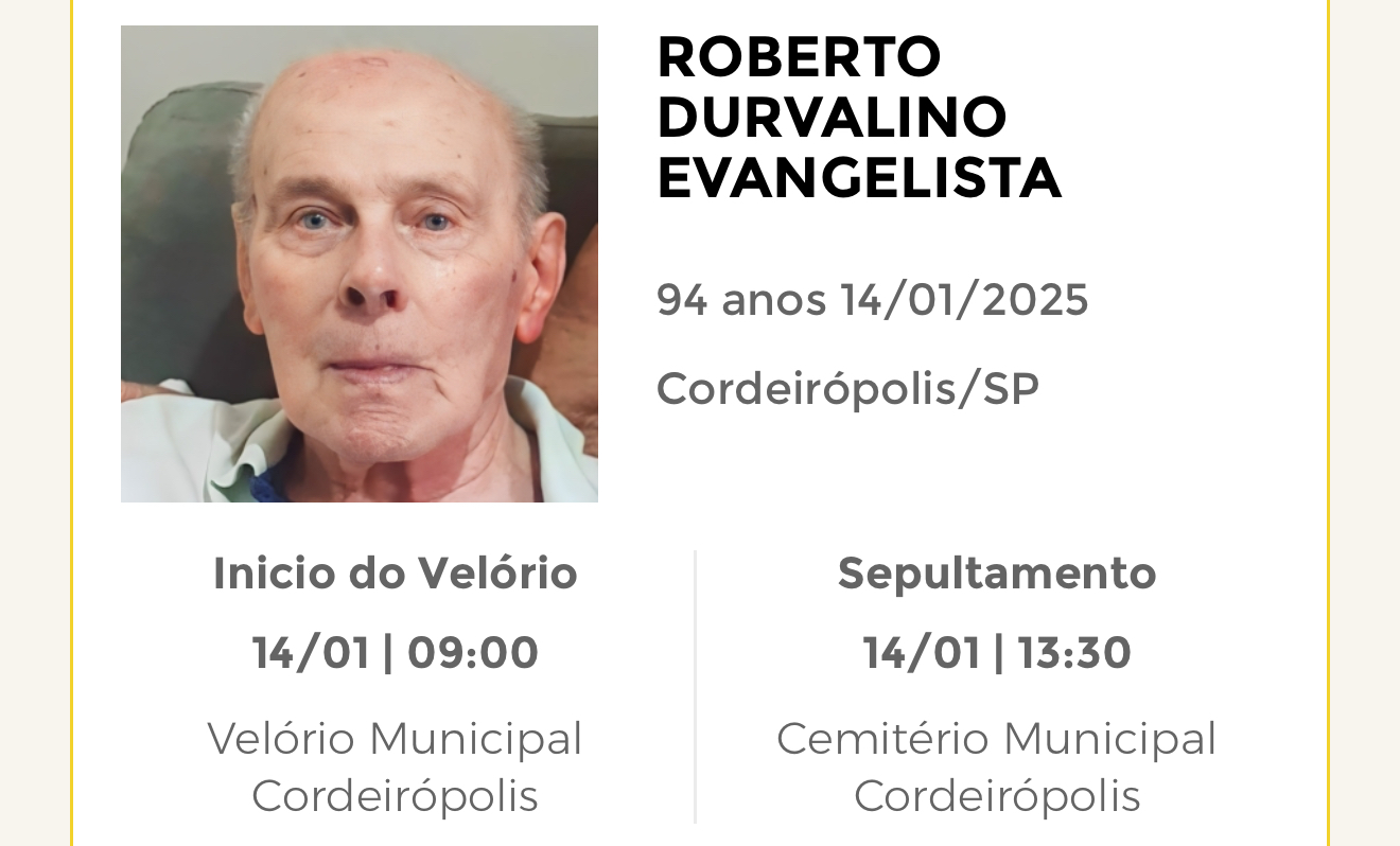 Falecimentos desta terça-feira 14/01/2025 - Grupo Rio Claro SP
