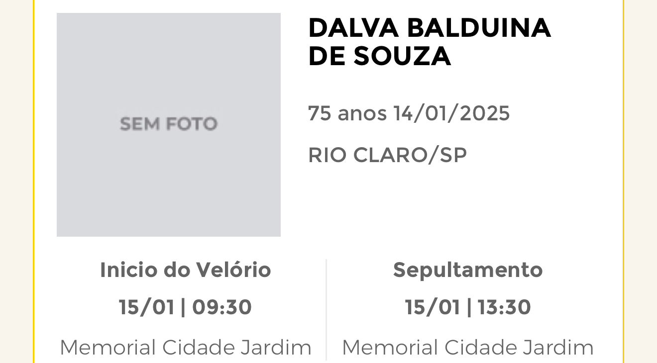 Falecimentos desta terça-feira 14/01/2025 - Grupo Rio Claro SP