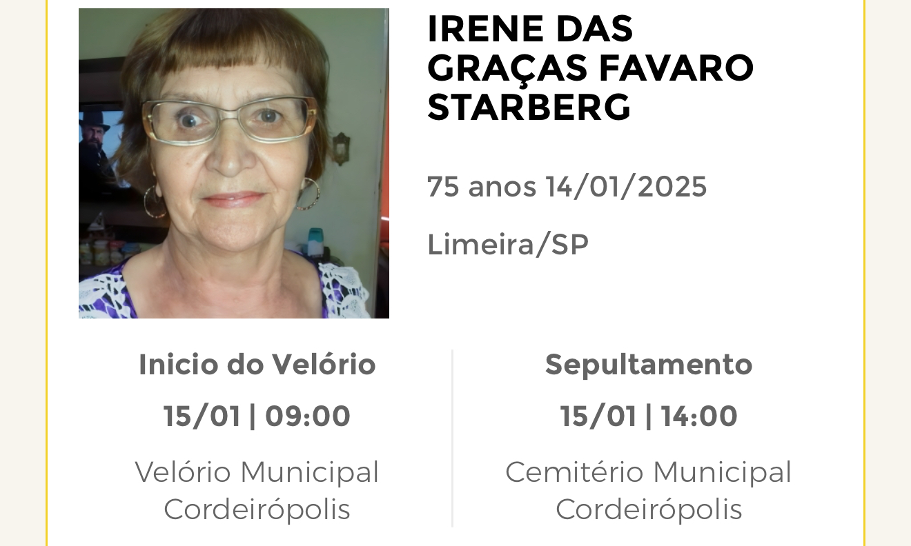 Falecimentos desta terça-feira 14/01/2025 - Grupo Rio Claro SP