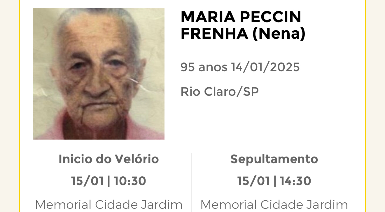Falecimentos desta terça-feira 14/01/2025 - Grupo Rio Claro SP