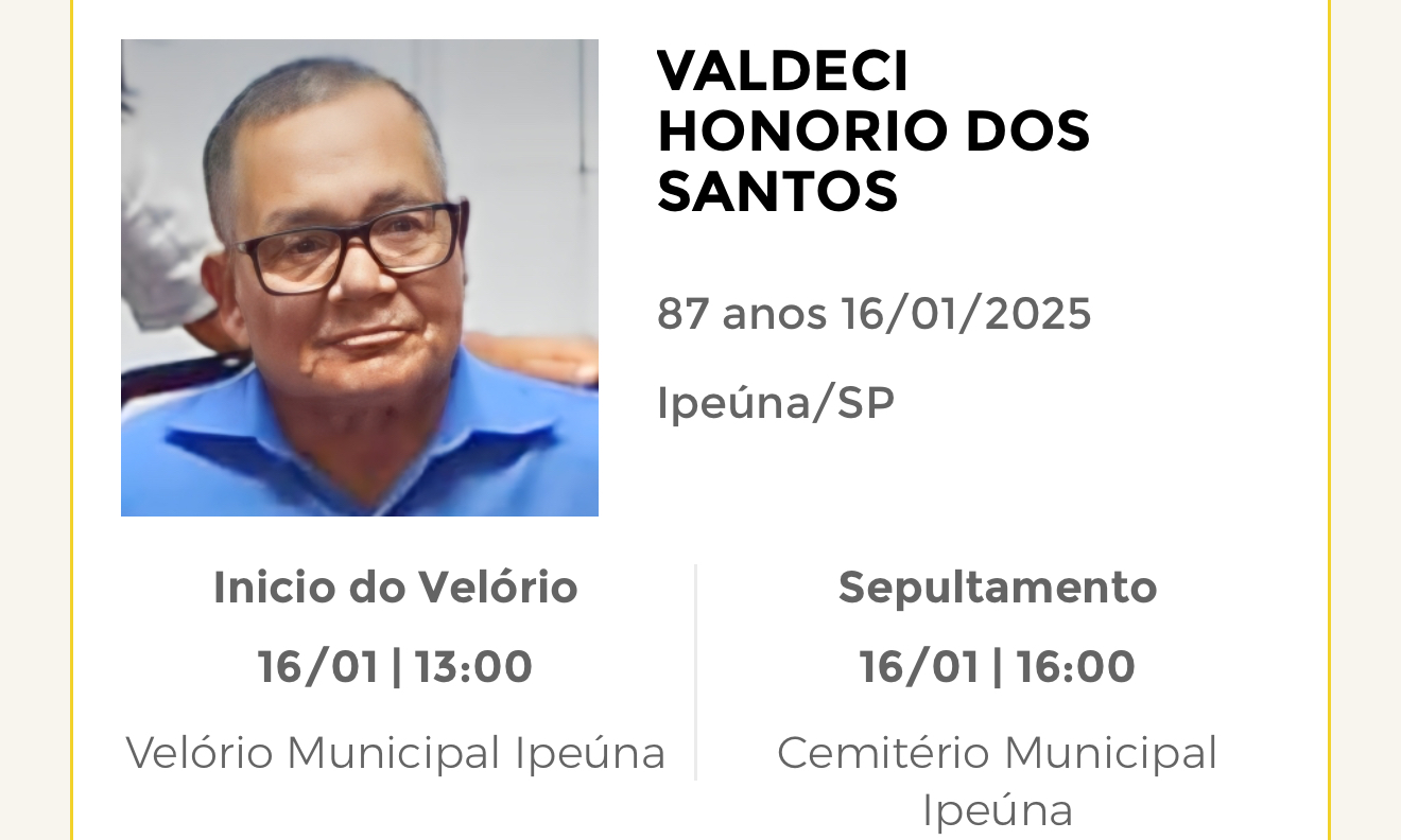 Falecimentos desta quinta-feira 16/01/2025 - Grupo Rio Claro SP