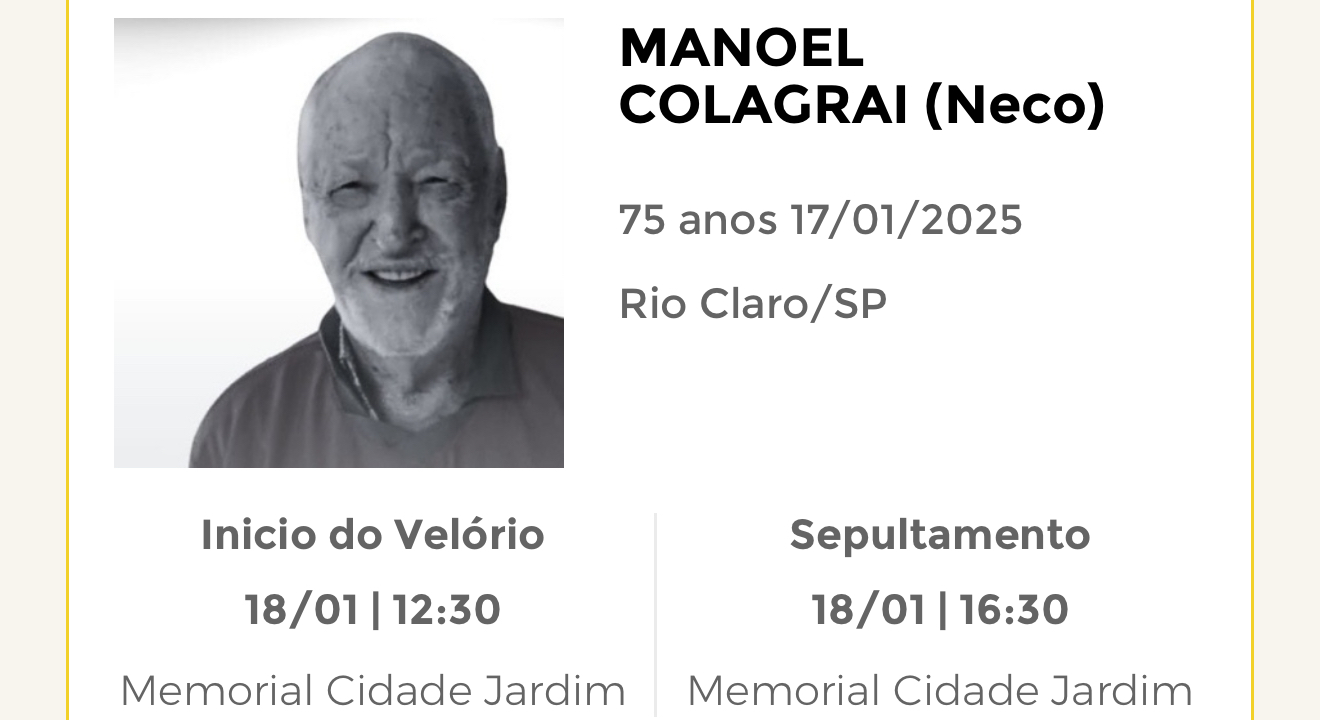 Falecimentos desta sexta-feira 17/01/2025 - Grupo Rio Claro SP