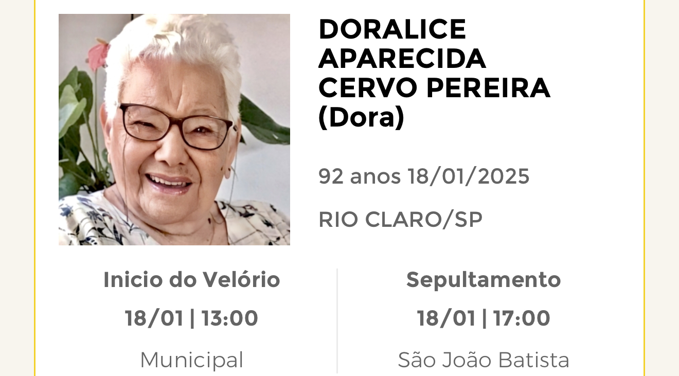 Falecimentos deste sábado 18/01/2025 - Grupo Rio Claro SP