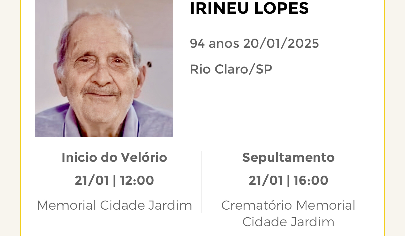 Falecimentos desta segunda-feira 20/01/2025 - Grupo Rio Claro SP