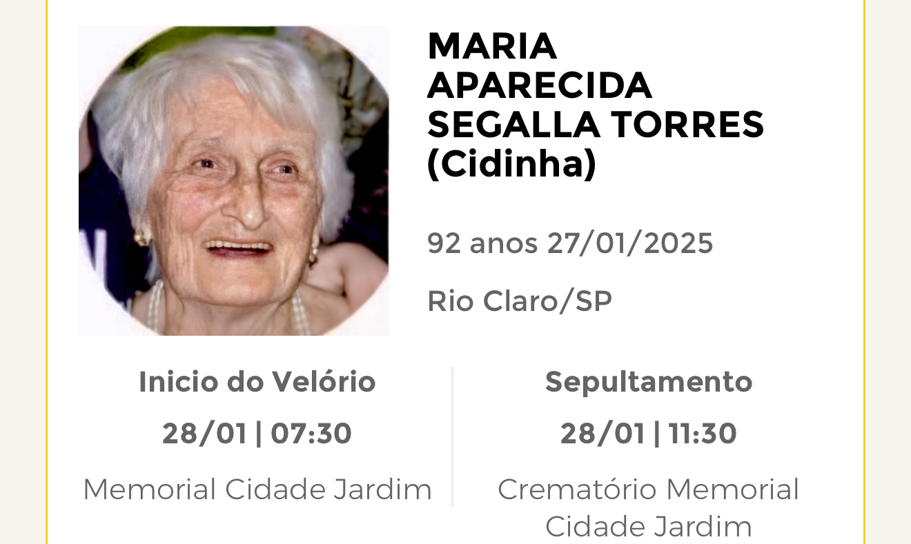 Falecimentos desta segunda-feira 27/01/2025 - Grupo Rio Claro SP