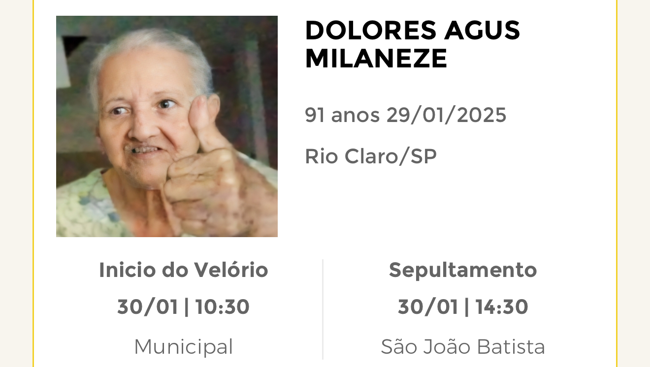Falecimentos desta quarta-feira 29/01/2025 - Grupo Rio Claro SP