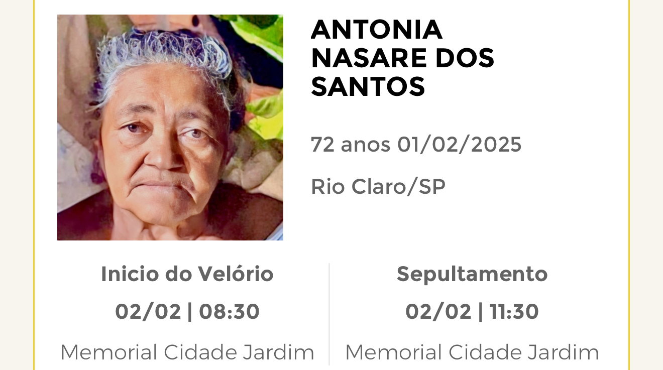 Falecimentos deste sábado 01/02/2025 - Grupo Rio Claro SP