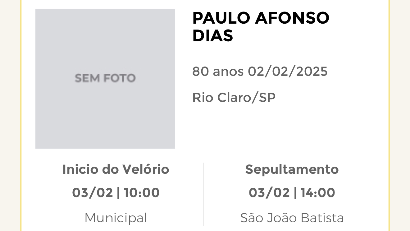 Falecimentos desta segunda-feira 03/02/2025 - Grupo Rio Claro SP