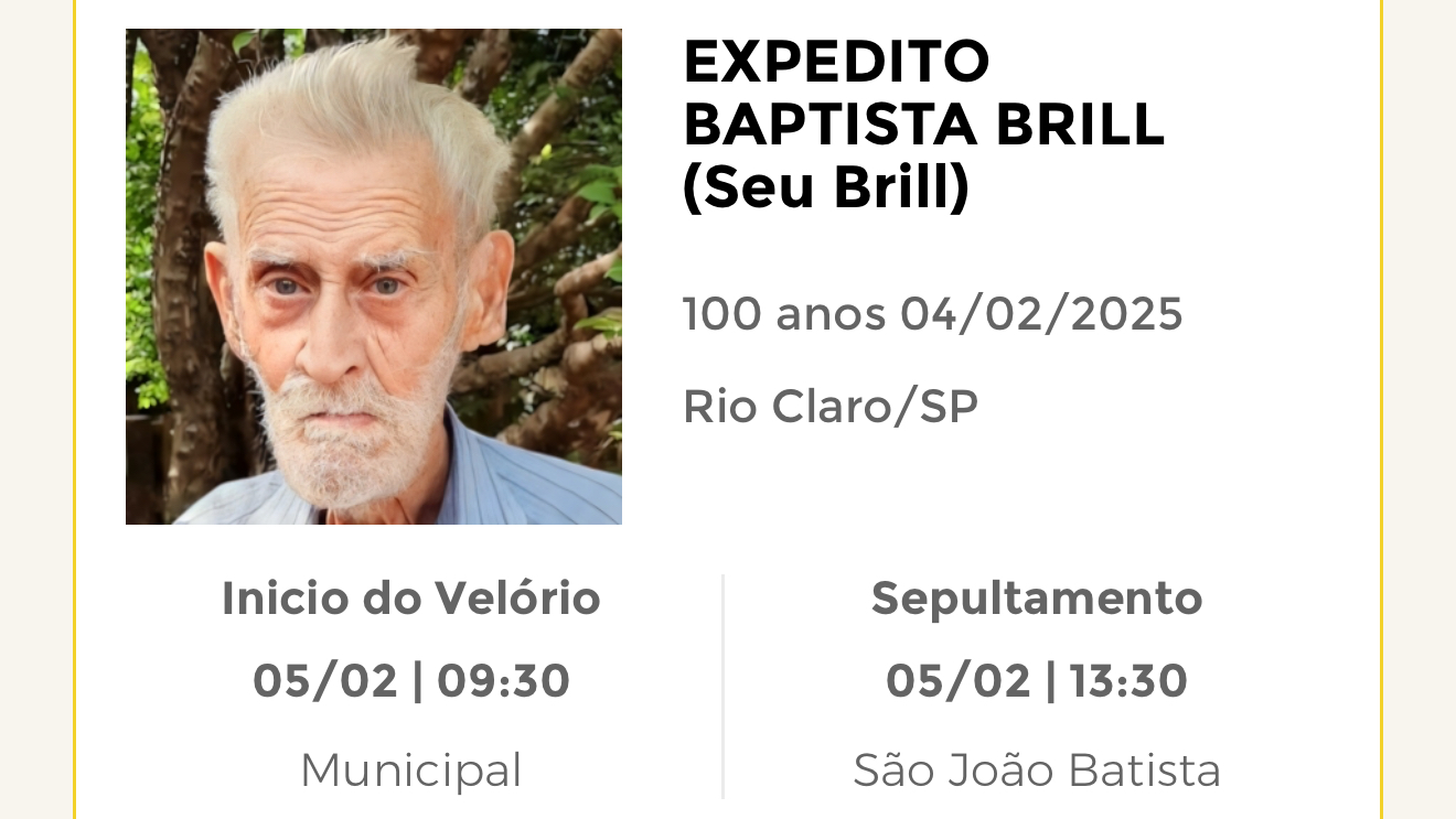 Falecimentos desta terça-feira 04/02/2025 - Grupo Rio Claro SP