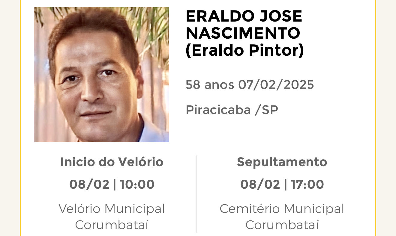 Falecimentos desta sexta-feira 07/02/2025 - Grupo Rio Claro SP