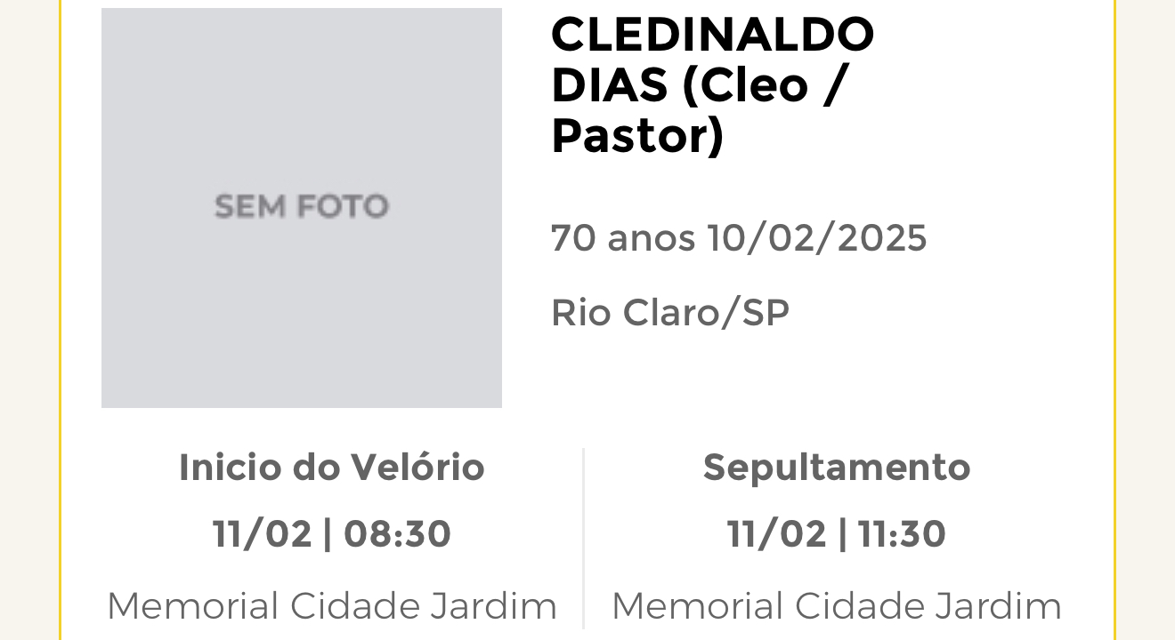 Falecimentos desta segunda-feira 10/02/2025 - Grupo Rio Claro SP