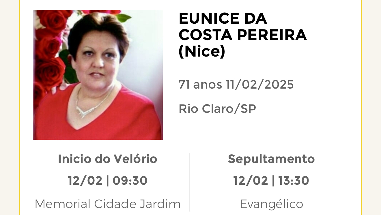 Falecimentos desta terça-feira 11/02/2025 - Grupo Rio Claro SP