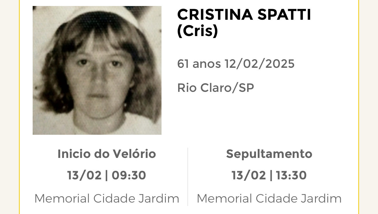 Falecimentos desta quarta-feira 12/02/2025 - Grupo Rio Claro SP