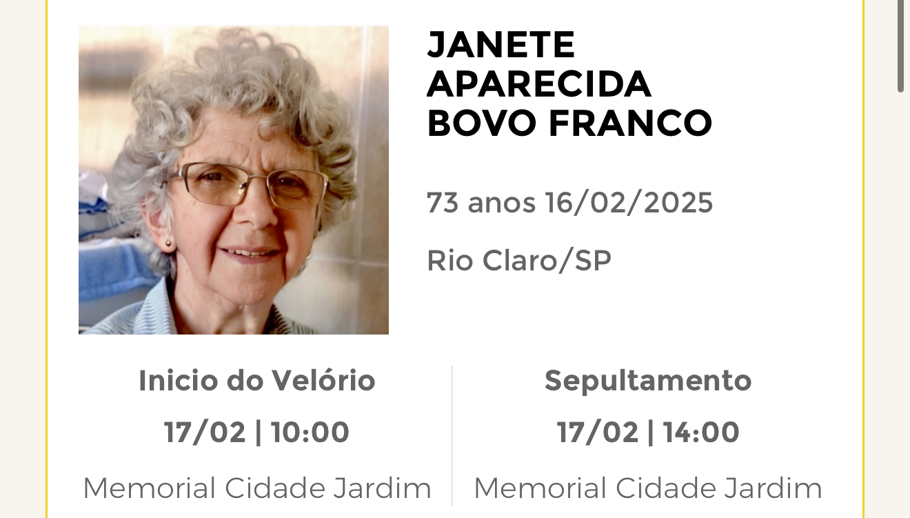 Falecimentos deste domingo 16/02/2025 - Grupo Rio Claro SP