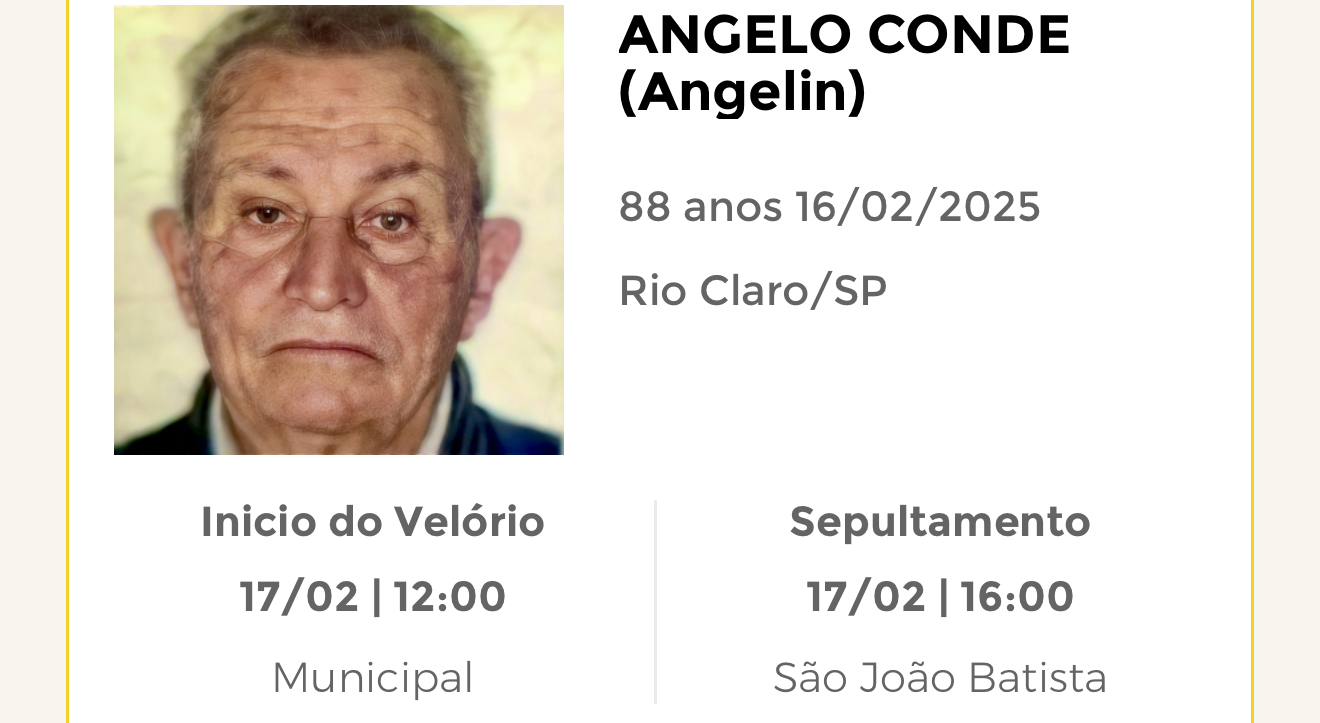 Falecimentos deste domingo 16/02/2025 - Grupo Rio Claro SP