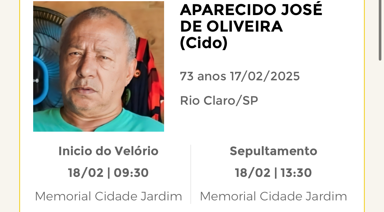 Falecimentos desta segunda-feira 17/02/2025 - Grupo Rio Claro SP