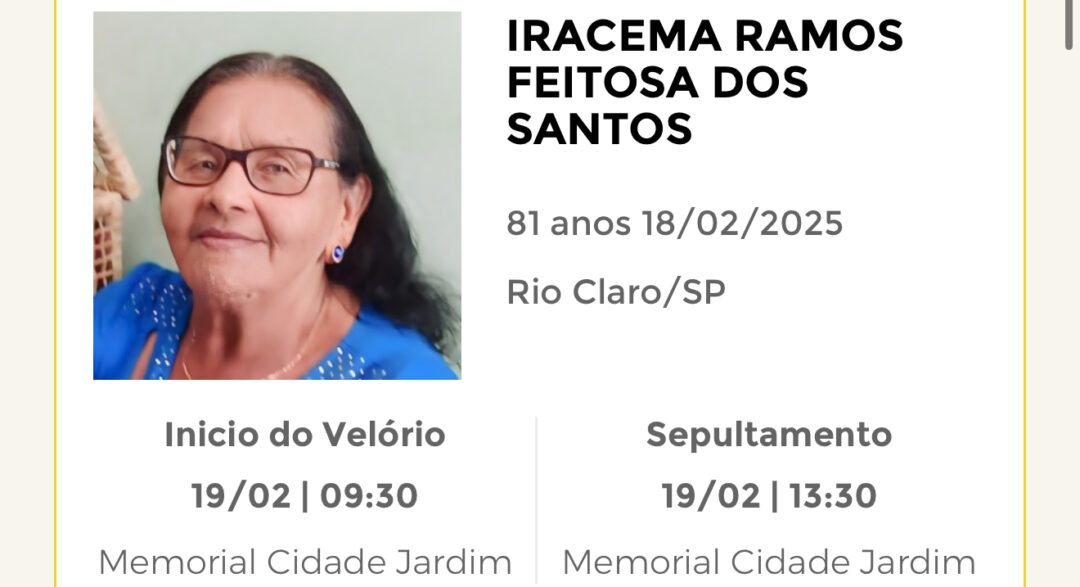 Falecimentos desta terça-feira 18/02/2025 - Grupo Rio Claro SP