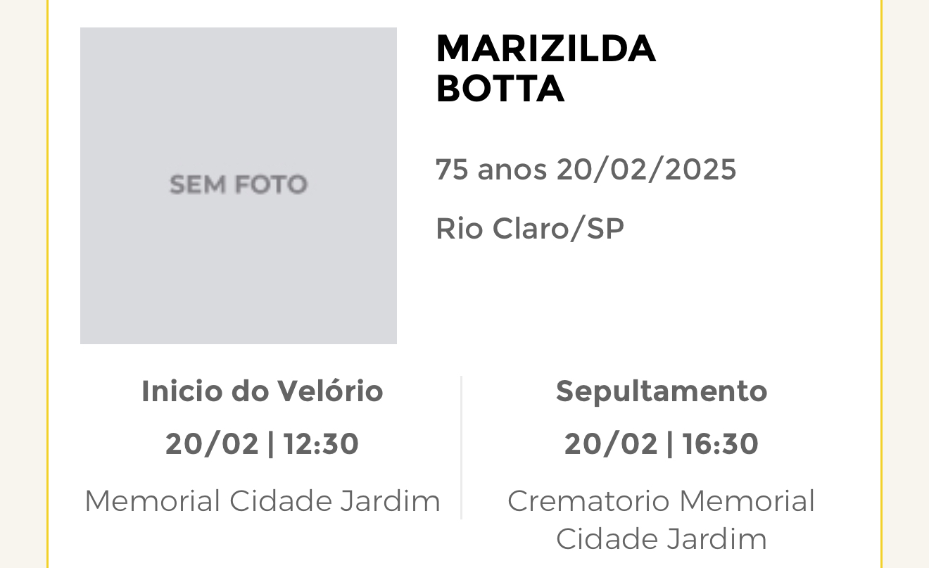 Falecimentos desta quinta-feira 20/02/2025 - Grupo Rio Claro SP