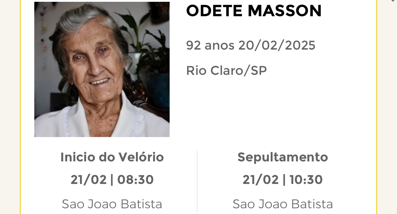 Falecimentos desta quinta-feira 20/02/2025 - Grupo Rio Claro SP
