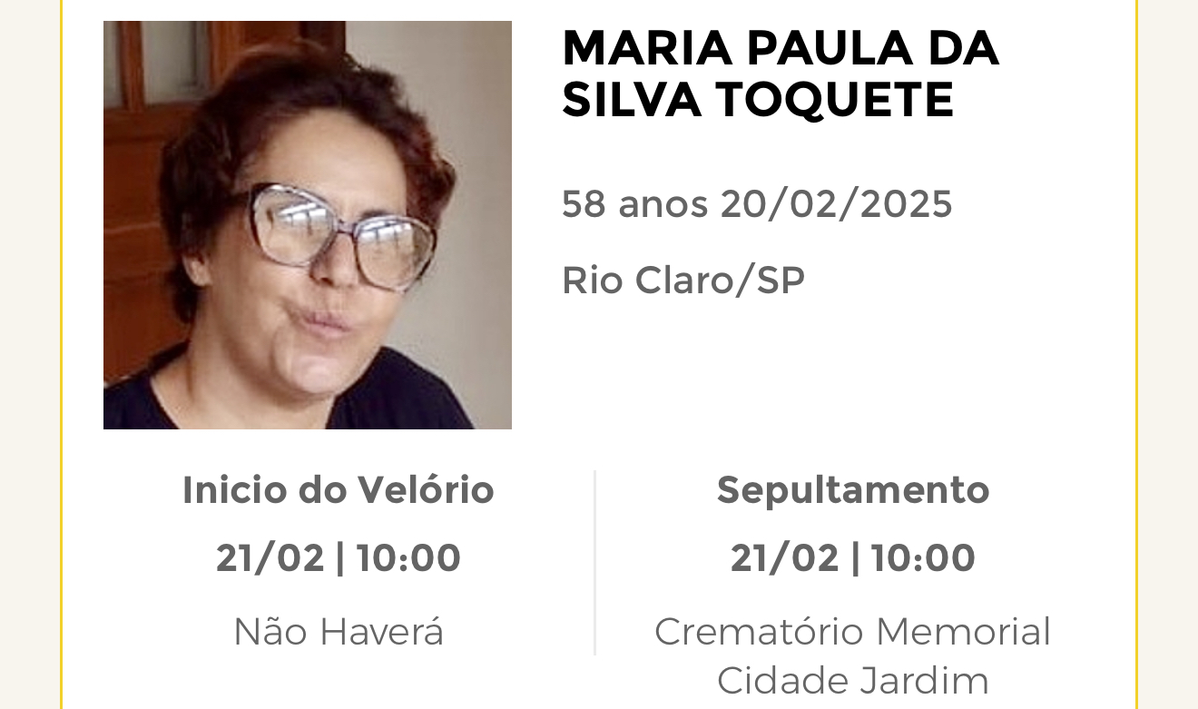 Falecimentos desta quinta-feira 20/02/2025 - Grupo Rio Claro SP