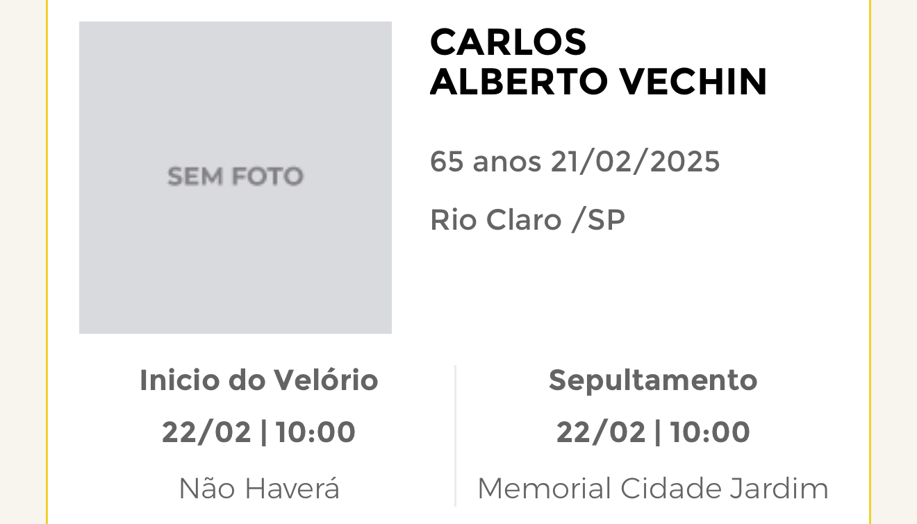 Falecimentos desta sexta-feira 21/02/2025 - Grupo Rio Claro SP