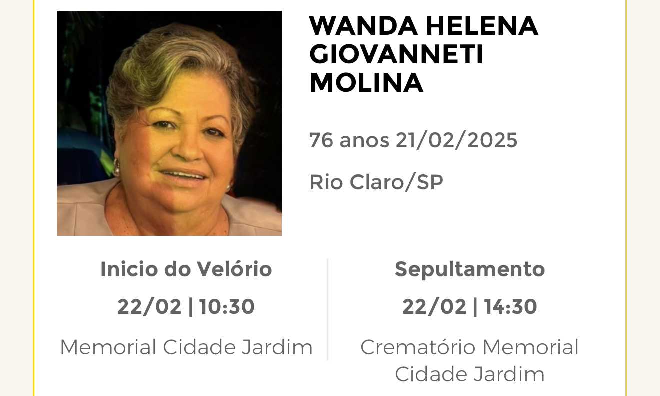 Falecimentos desta sexta-feira 21/02/2025 - Grupo Rio Claro SP
