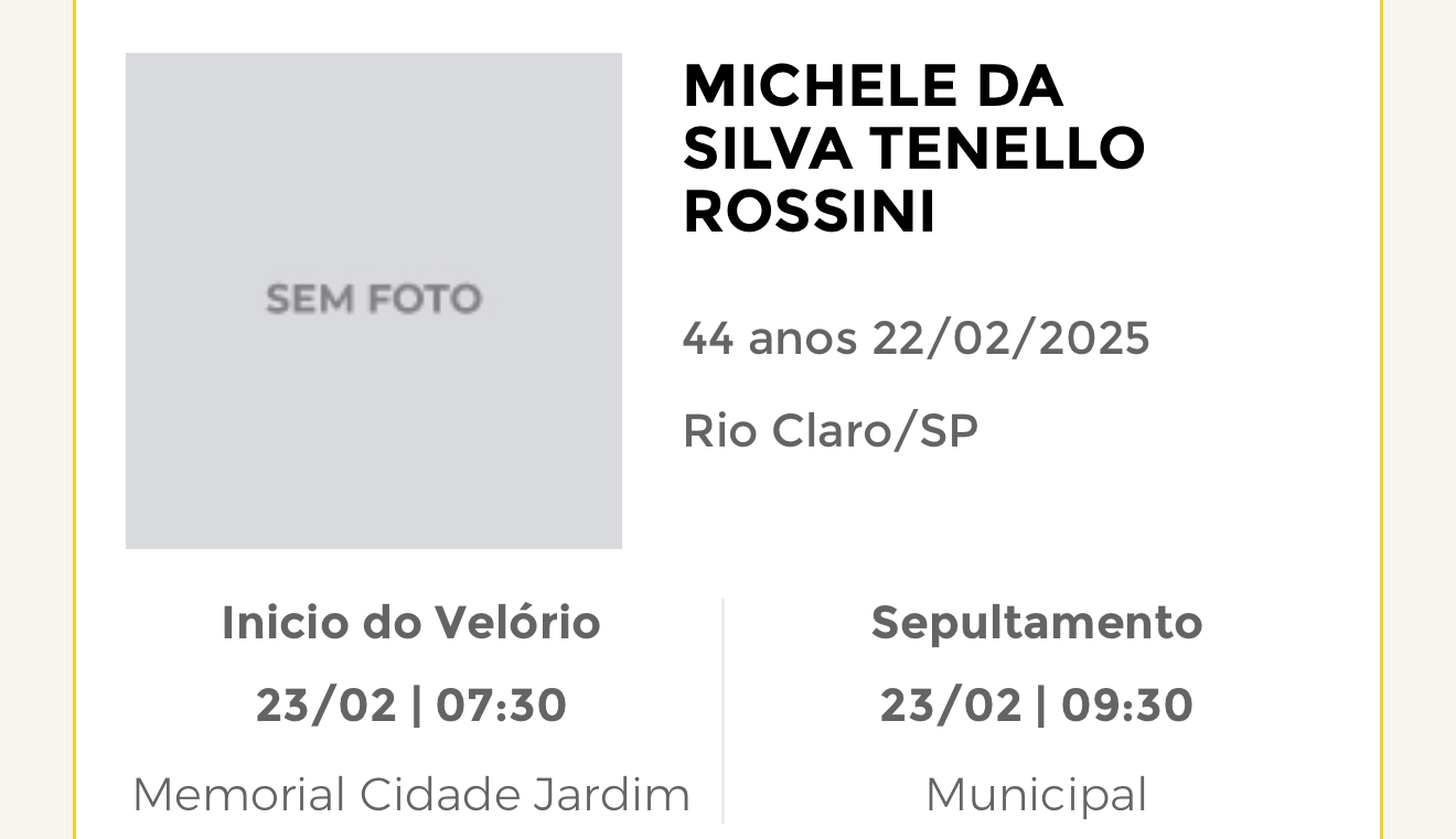 Falecimentos deste sábado 22/02/2025 - Grupo Rio Claro SP