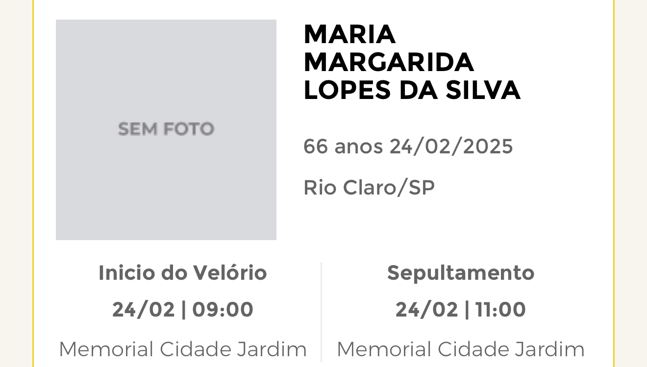 Falecimentos desta segunda-feira 24/02/2025 - Grupo Rio Claro SP