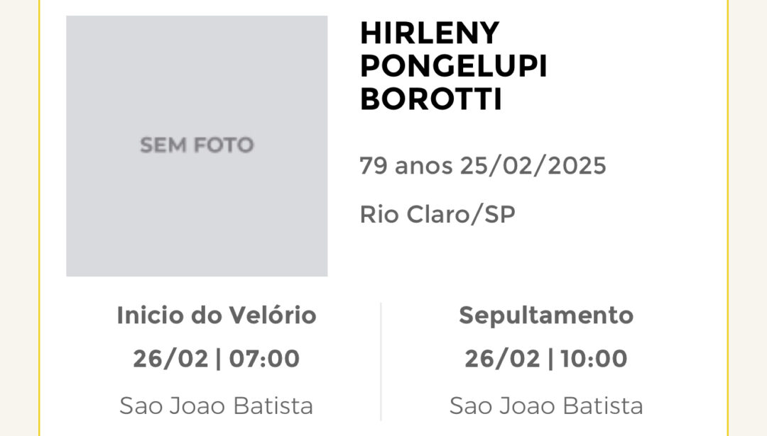 Falecimentos desta terça-feira 25/02/2025 - Grupo Rio Claro SP