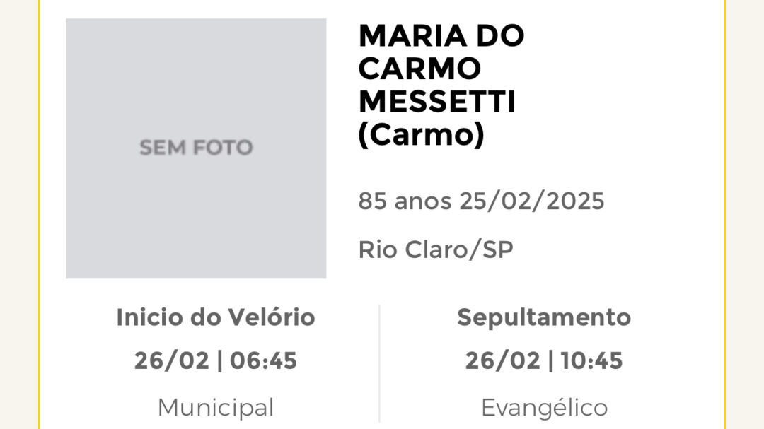 Falecimentos desta terça-feira 25/02/2025 - Grupo Rio Claro SP