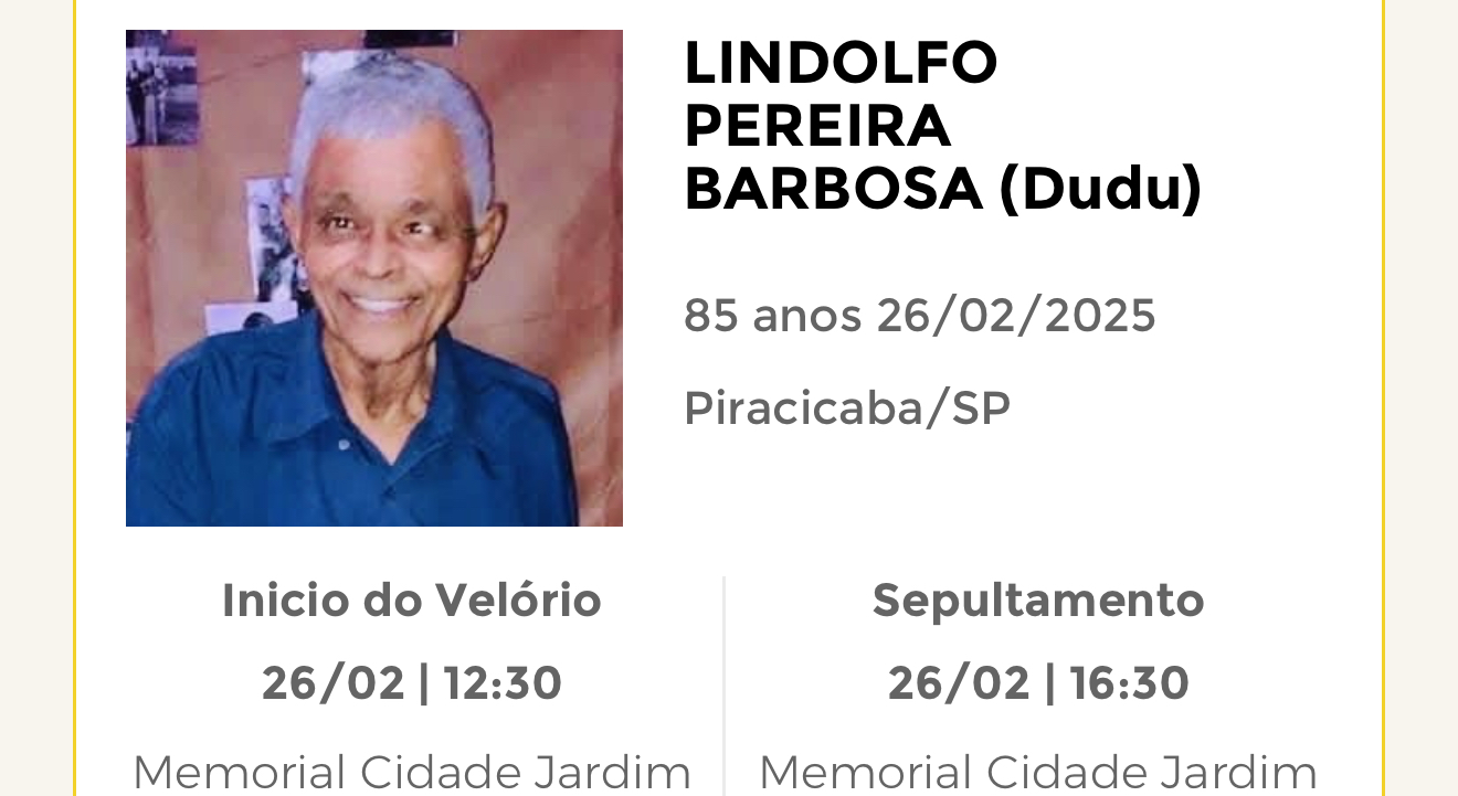 Falecimentos desta quarta-feira 26/02/2025 - Grupo Rio Claro SP