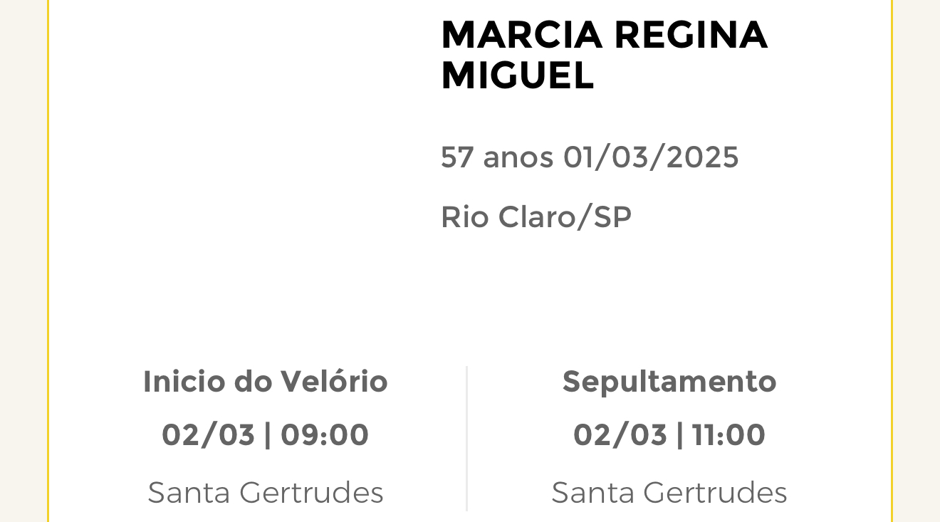 Falecimentos deste sábado 01/03/2025 - Grupo Rio Claro SP