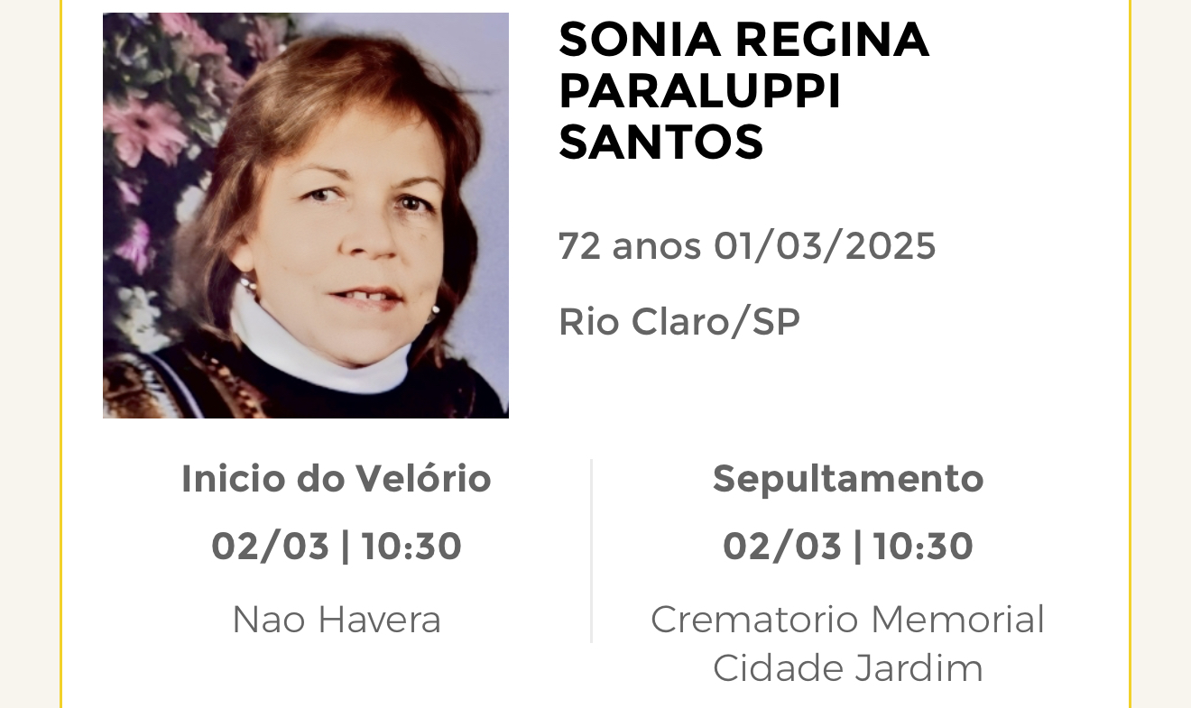 Falecimentos deste sábado 01/03/2025 - Grupo Rio Claro SP