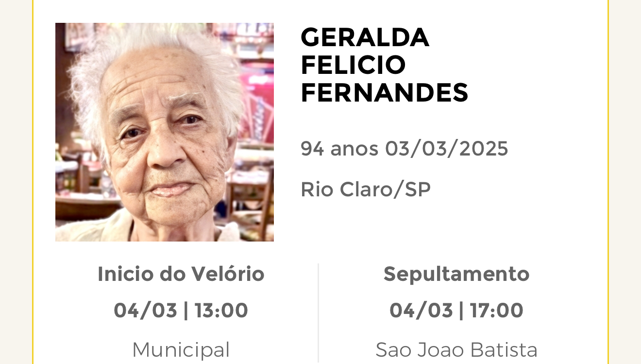 Falecimentos desta segunda-feira 03/03/2025 - Grupo Rio Claro SP