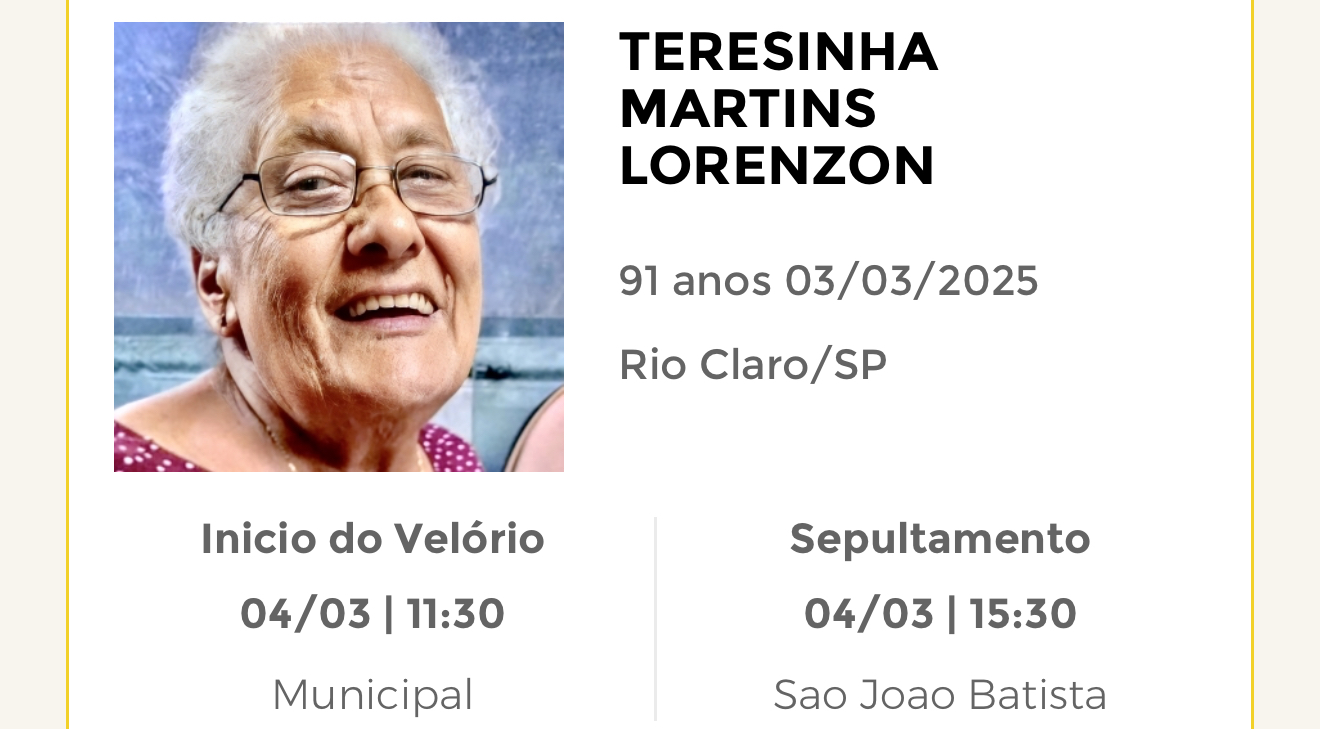 Falecimentos desta segunda-feira 03/03/2025 - Grupo Rio Claro SP
