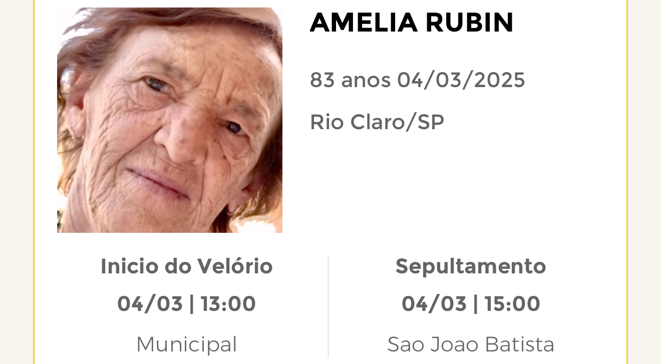 Falecimentos desta terça-feira 04/03/2025 - Grupo Rio Claro SP