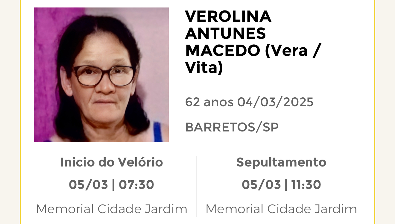 Falecimentos desta terça-feira 04/03/2025 - Grupo Rio Claro SP