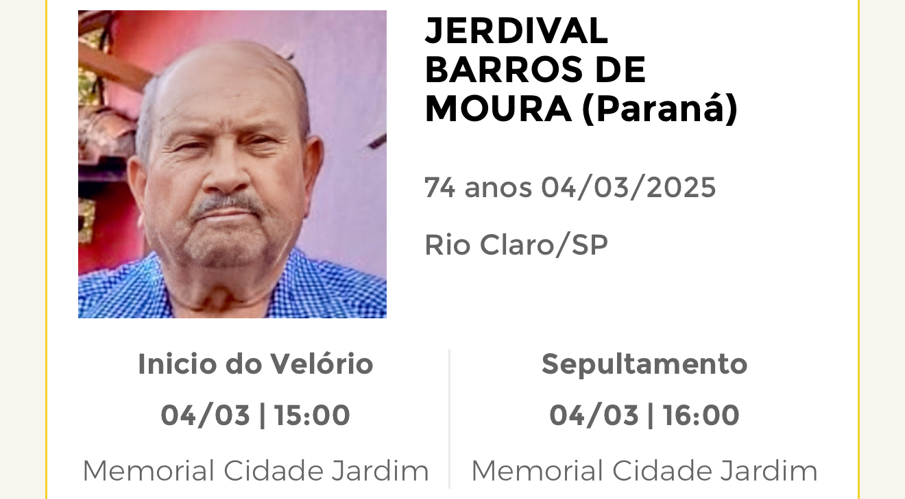 Falecimentos desta terça-feira 04/03/2025 - Grupo Rio Claro SP