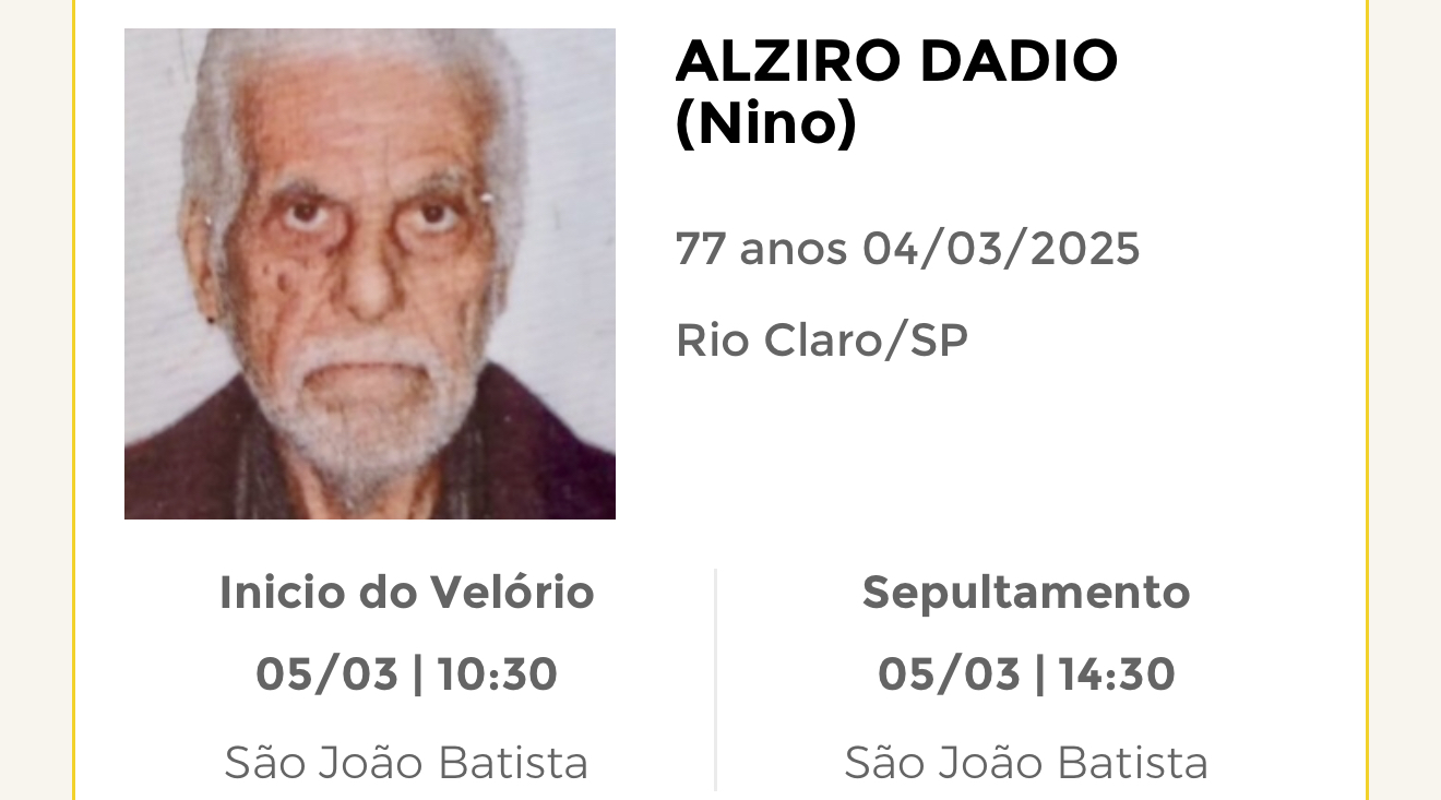 Falecimentos desta terça-feira 04/03/2025 - Grupo Rio Claro SP