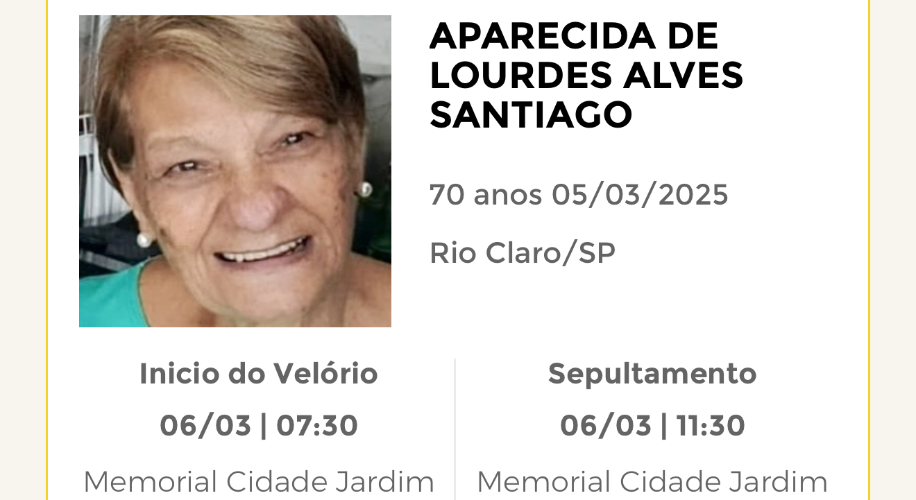 Falecimentos desta quarta-feira 05/03/2025 - Grupo Rio Claro SP