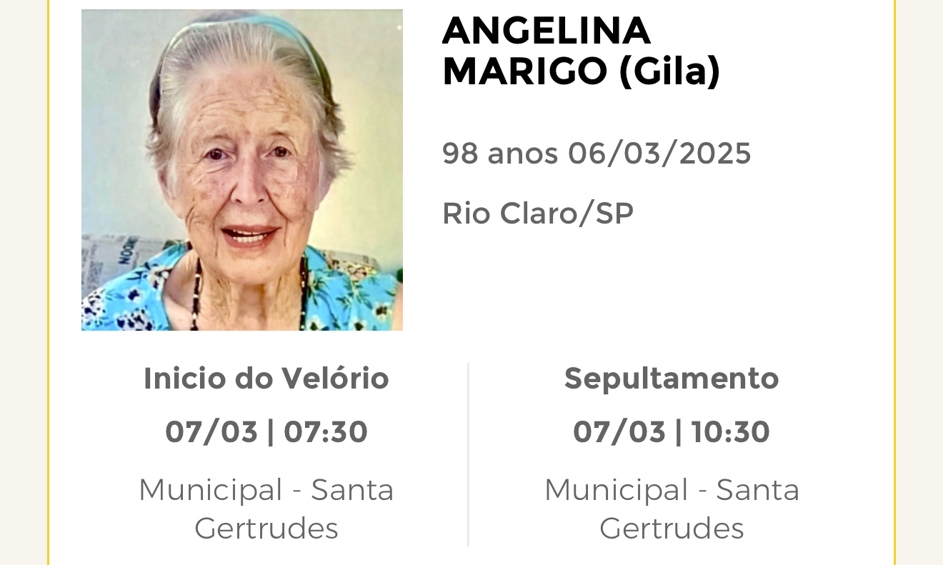 Falecimentos desta quinta-feira 06/03/2025 - Grupo Rio Claro SP