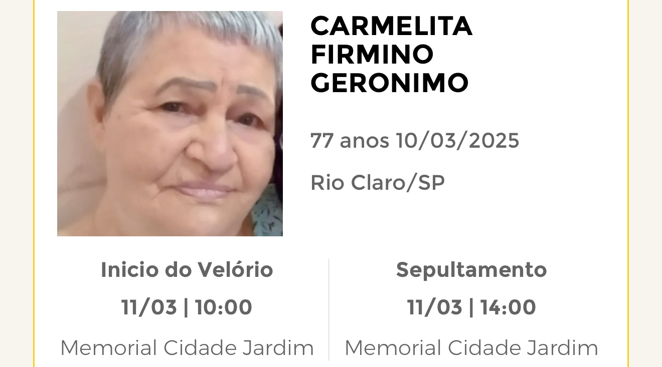 Falecimentos desta segunda-feira 10/03/2025 - Grupo Rio Claro SP