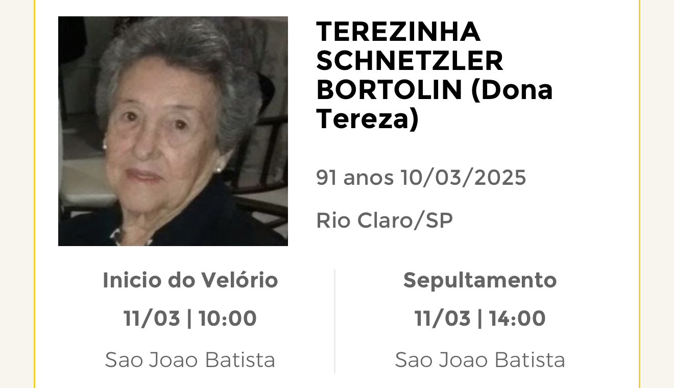 Falecimentos desta segunda-feira 10/03/2025 - Grupo Rio Claro SP