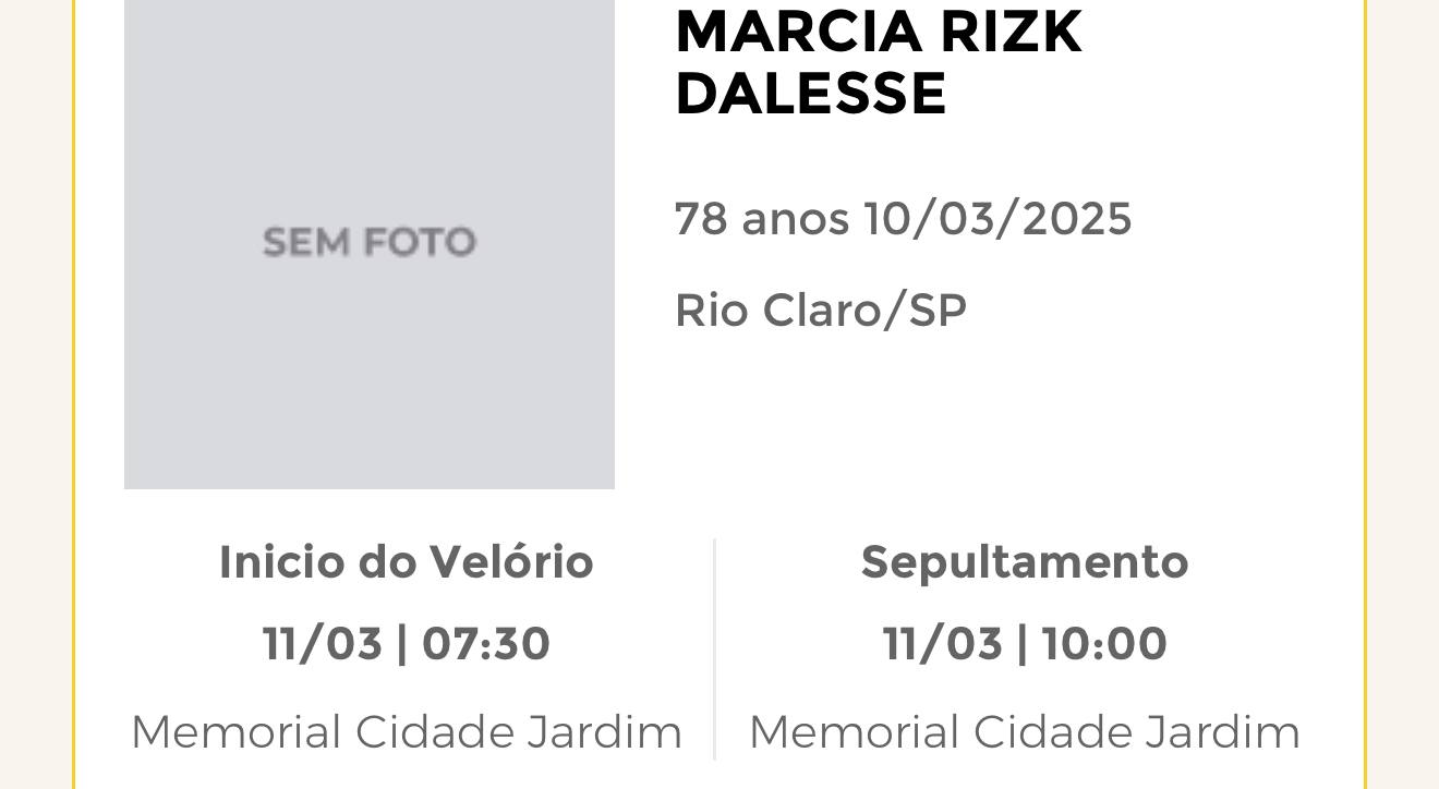 Falecimentos desta segunda-feira 10/03/2025 - Grupo Rio Claro SP