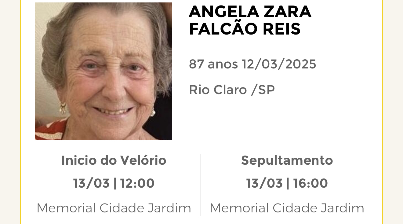 Falecimentos desta quarta-feira 12/03/2025 - Grupo Rio Claro SP